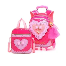Детские школьные сумки с колесами с принтом «сердечки» для маленькой девочки с рисунком 3 колесный школьная сумка на колесах детский мультяшный рюкзак Водонепроницаемый из искусственной кожи сумка
