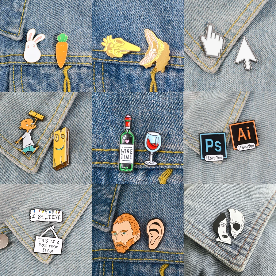 2pcs/set Brooches and Pins Wine time PS AI Cursor icon Animal set Artist Christmas Lights Enamel Pins Badges Cartoon Jewelry