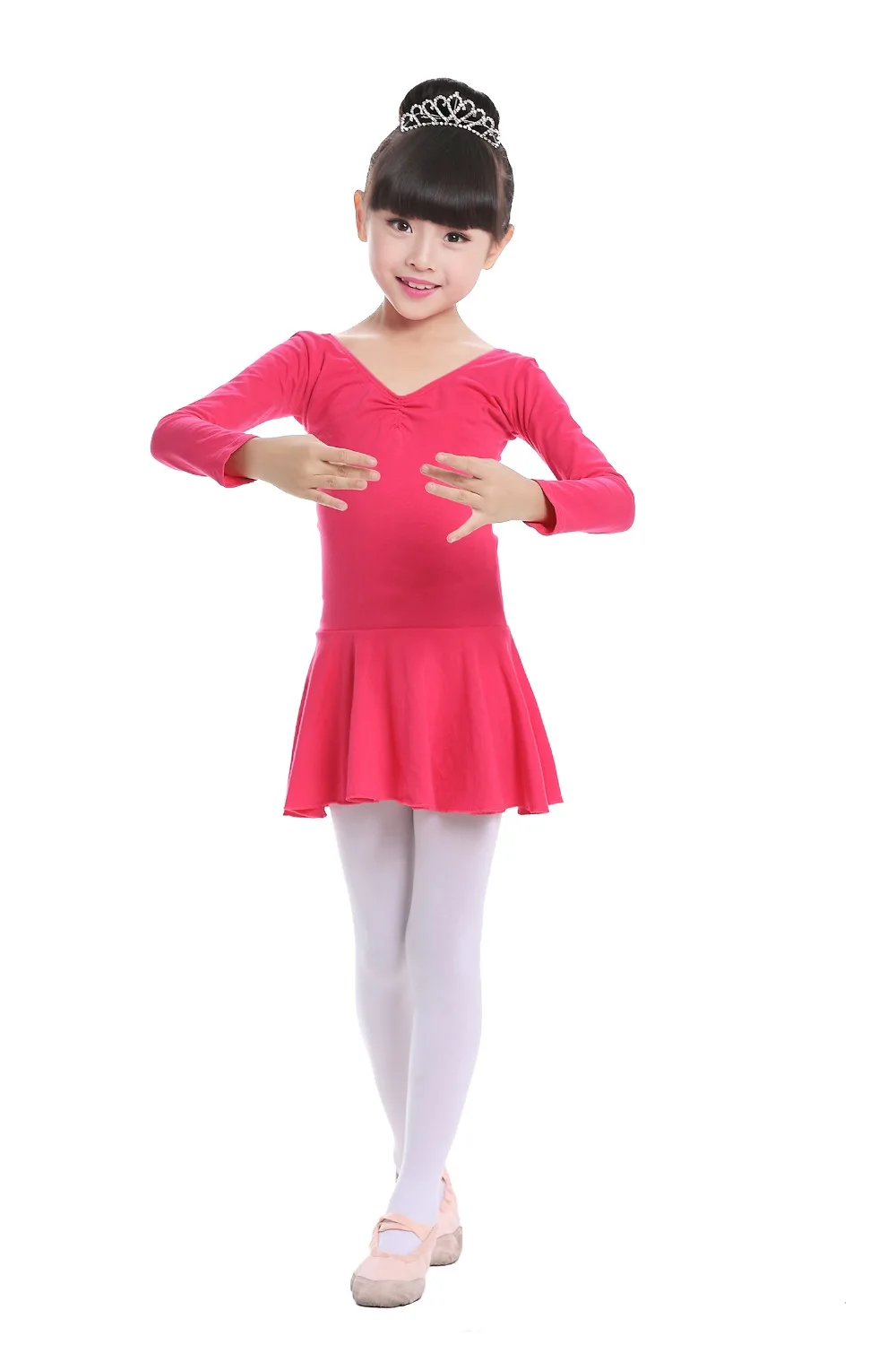 Pink Cotton Formal Ballet Dress for Girls Long Sleeves Shiny Ballet leotard for Dance Kids Gymnastics Professional Tutu Dress (26)