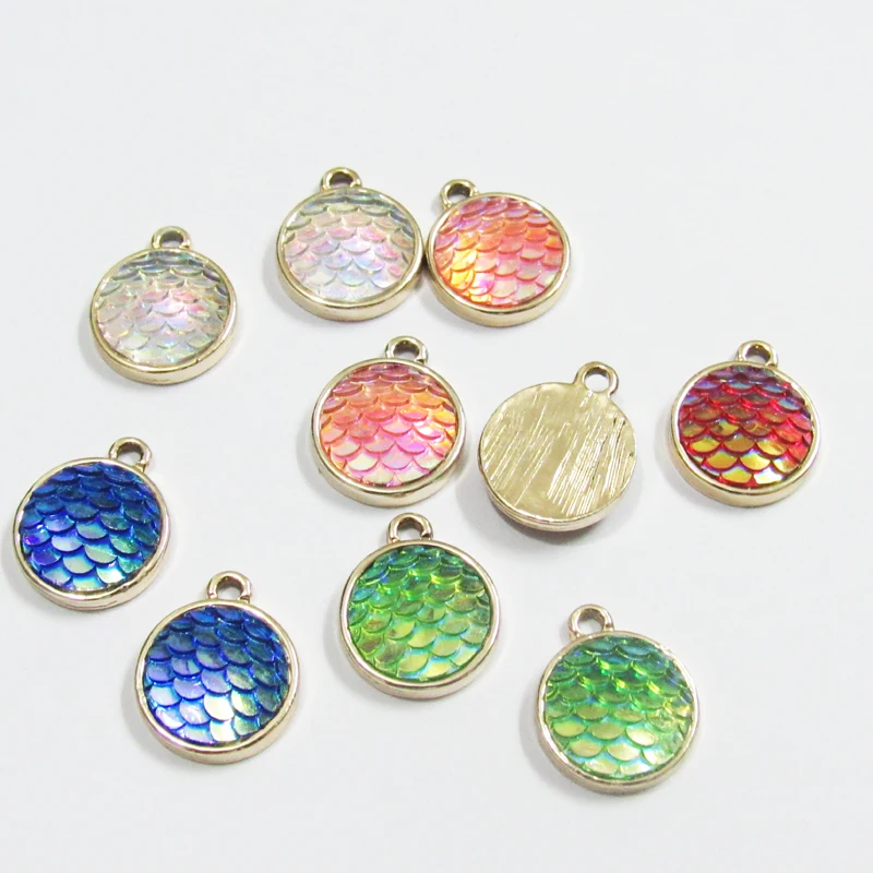 

(Choose Color First) Wholesale 14mm 30pcs/lot Fish Scale Effect Small Round Charms For DIY Jewelry