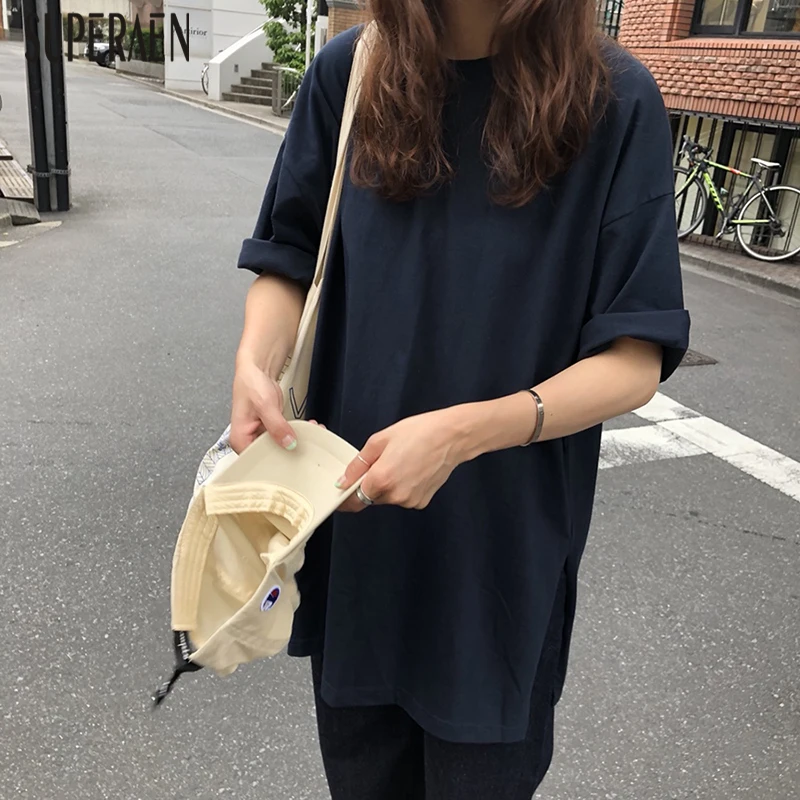 

SuperAen Korean Style Women T Shirts Cotton Causal Solid Color Ladies Split T-shirt Summer New 2019 Round Collar Women Clothing