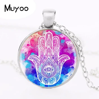 

Hamsa Round Pendant Necklace Long Chian Statement Handmade Necklace HZ1