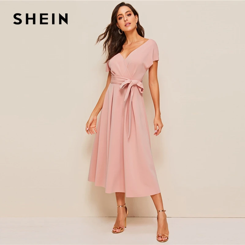 SHEIN застежкой-молнией на спине верхняя часть шеи с поясом, платье с пышной юбкой элегантная женская летняя обувь с цветочным рисунком топ с глубоким V-образным вырезом платье с высокой талией