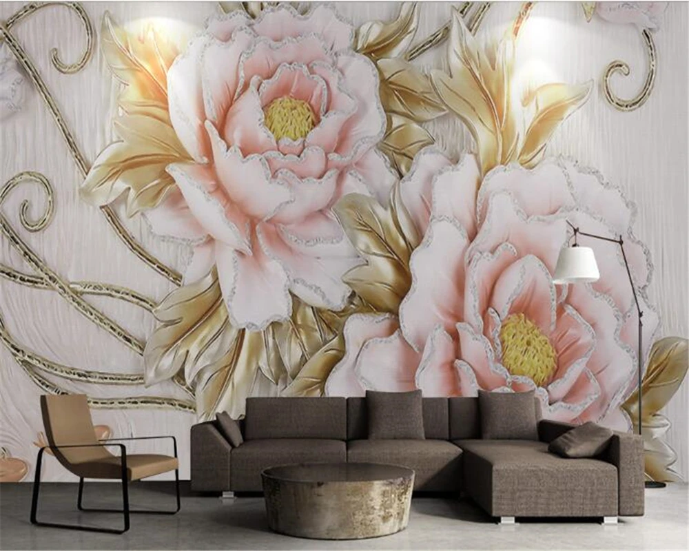 beibehang Custom wall mural rich peony beautiful embossed ...