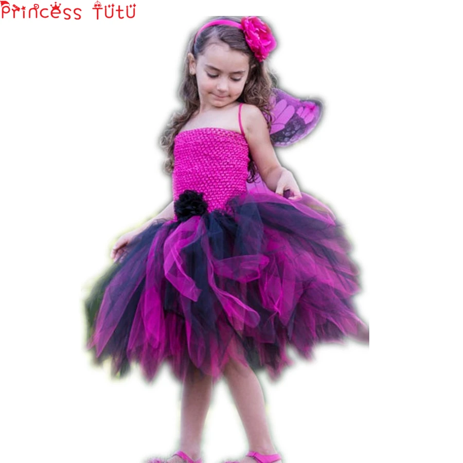 

Black and Hot Pink Fairy Princess Cosplay Girl Tutu Dress for Halloween Party Butterfly Inspired Costume Kids Baby Tutu Dress