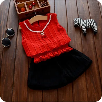 

girls summer clothes set nice chiffon set with necklace high quality shirt and black pants set for kids girl clothing retail