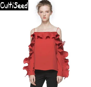 

Sexy Slash Neck Off the Shoulder Ruffles Strap Shirts Tops Female Elegant Office Hollow Out Ruffles Blouses Clothes