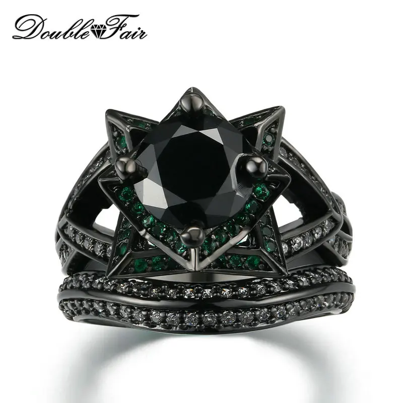 Double Fair Black Nano & Green Cubic Zirconia Rings Sets Black Gold Color Fashion Engagement Party Crystal Women Jewelry DFR697