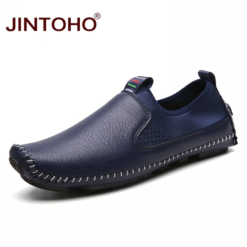 JINTOHO/Мужская обувь из натуральной кожи; модная мужская кожаная обувь; мужские лоферы без застежки; повседневные кожаные водонепроницаемые мокасины; большие размеры - Цвет: blue