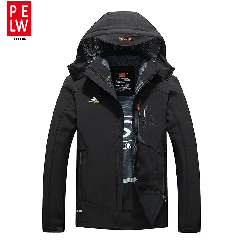 Men's Hiking Softshell Front Zip Jacket Black Waterproof Hooded Outdoor