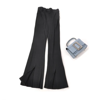 

FREE SHIPPING Miyake Fashion fold black Split-fork micro-flare pants IN STOCK