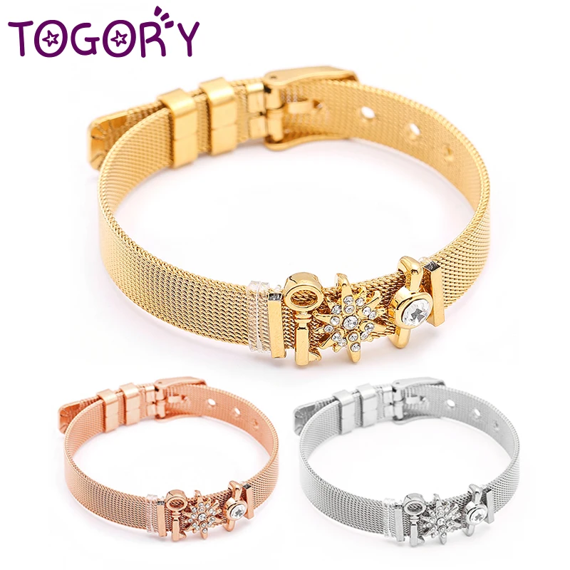 

Dropshipping Fashion Snowflake Jewelry Rose Gold Color Love Mesh Bracelet Set Stainless Steel Brand Bracelets For Women Gifts