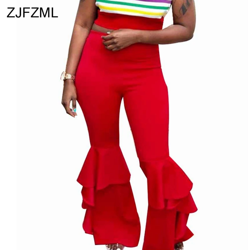 ZJFZML Black Red Flare Pants For Women Autumn Double Ruffle Skinny Wide Leg Trouser Sexy  High Wiast Bodycon Bell Bottom Legging