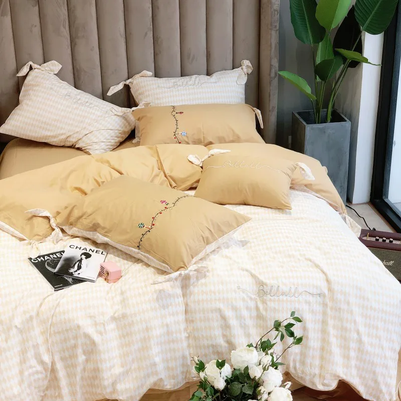 Новый Белый Желтый Двусторонний дизайн вышивки 100% хлопок набор постельных принадлежностей для девочек лук пододеяльник кровать застежки