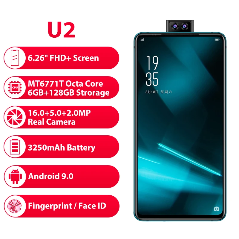 Elephone U2, 16 Мп, всплывающая камера, мобильный телефон, Android 9,0, MT6771T, четыре ядра, 6 ГБ+ 128 Гб, 6,26 дюйма, FHD+ экран, Face ID, 4G, LTE, смартфон