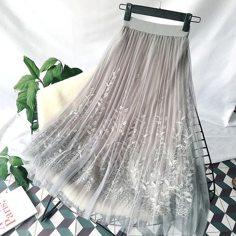 

Elegant Tulle Pleated Skirt Women Long Summer Floral Embroidery A-line Tutu Skirt Women Lace Mesh Midi Skirt