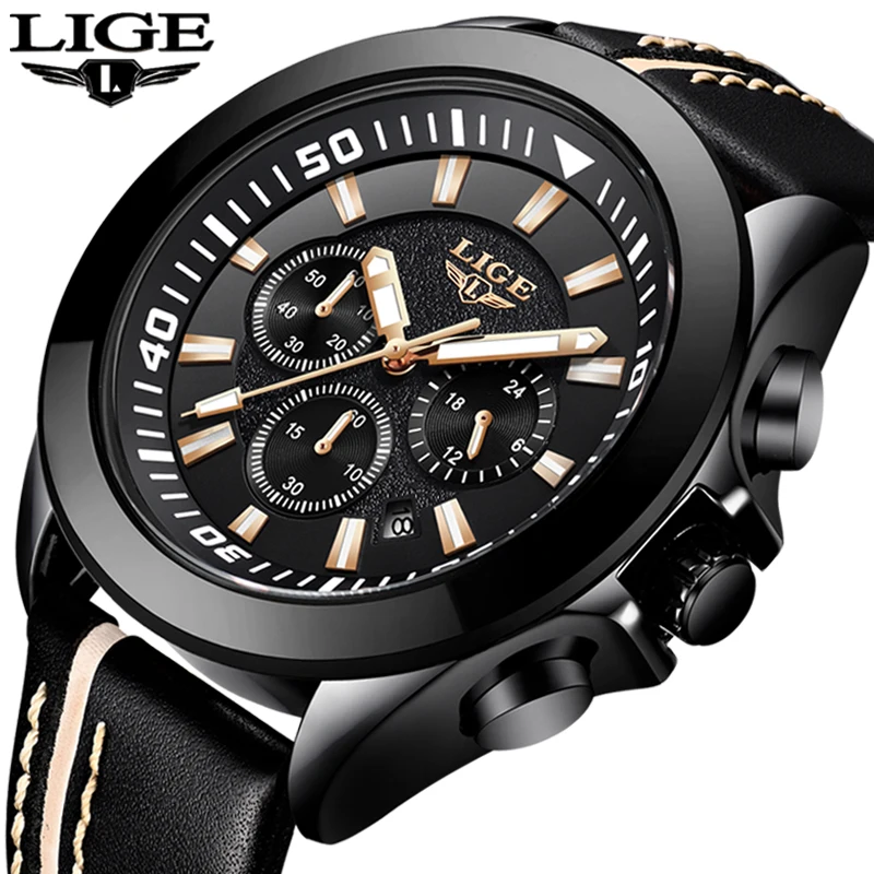

Relogio Masculino New Mens Watches LIGE Top Luxury Brand Male Leather Multi-function Quartz Watch Mens Waterproof Sport Clock