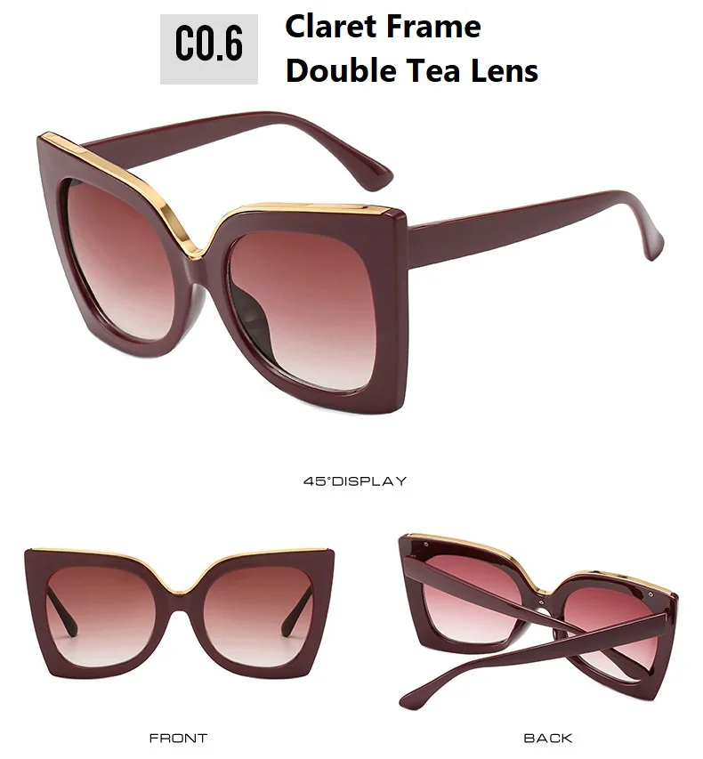 90408a, новинка, негабаритные Винтажные Солнцезащитные очки для женщин, фирменный дизайн, большая оправа, защита от уф400 лучей, роскошные солнцезащитные очки для женщин - Цвет линз: C6 Claret Double Tea