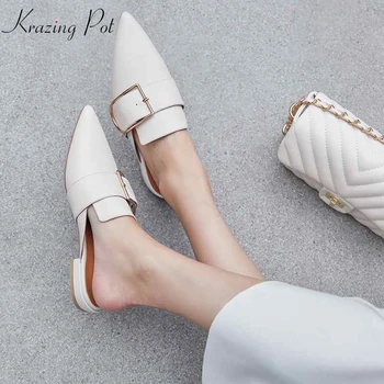 

Krazing pot genuine leather thick low heels shallow slip on metal buckle decoration wedding mules pointed toe women pumps L08