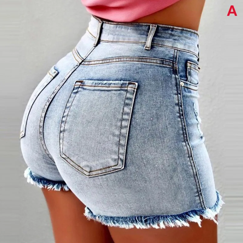 Women Short Jeans High Waist Tassel Hem Holes Hot Shorts for Summer KNG88