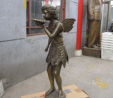

wholesale factory 30"Western Bronze Copper Winged butterfly fairy maiden dew Water Art Sculpture