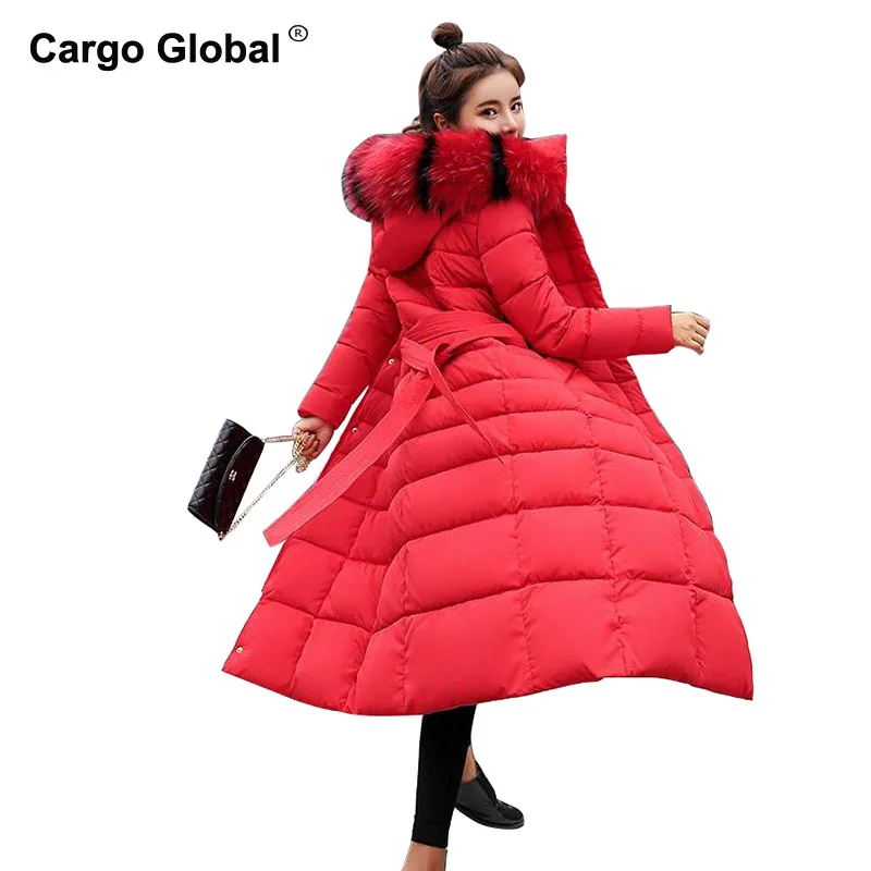 2018 г. зимние женские Костюмы плюс Размеры длинные большой меховой воротник Утепленная одежда пальто женская красная хлопковая стеганая