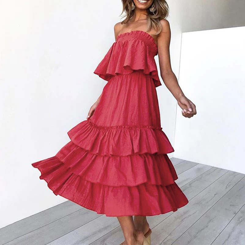 

Summer party vintage dress 2019 Women vestido Sexy Sleeveless Tube Top Halter Cake Lace A-line robe midi dress Womens Dresses