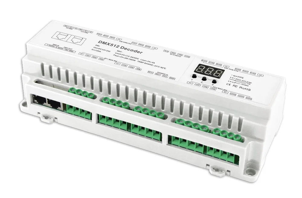 DIN Rail high Power DMX512 constant voltage decoder PWMX24CH DMX 512 Decoder input 12 24vin