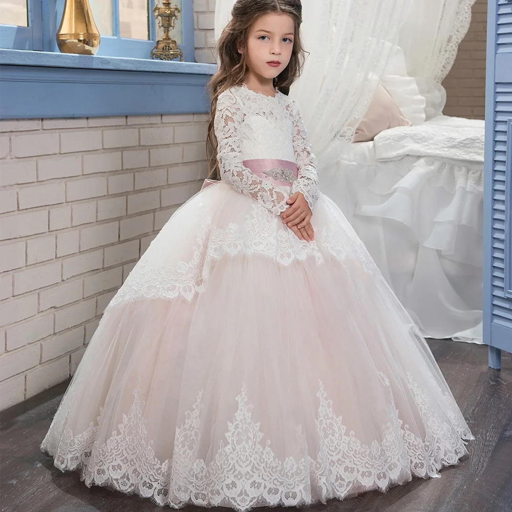 

New Champagne Puffy Lace Flower Girl Dress for Weddings Long Sleeves Ball Gown Girl Party Communion Pageant Gown VestidosHW1084