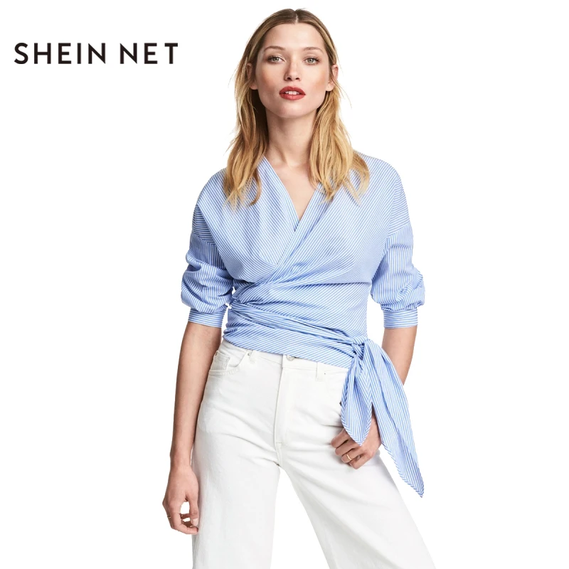 Sheinnet 2017 Summer Women Fashion Shirts Ruffle Striped Blue Blouses V-Neck Cute Lace Up Bottons Vintage Casual |