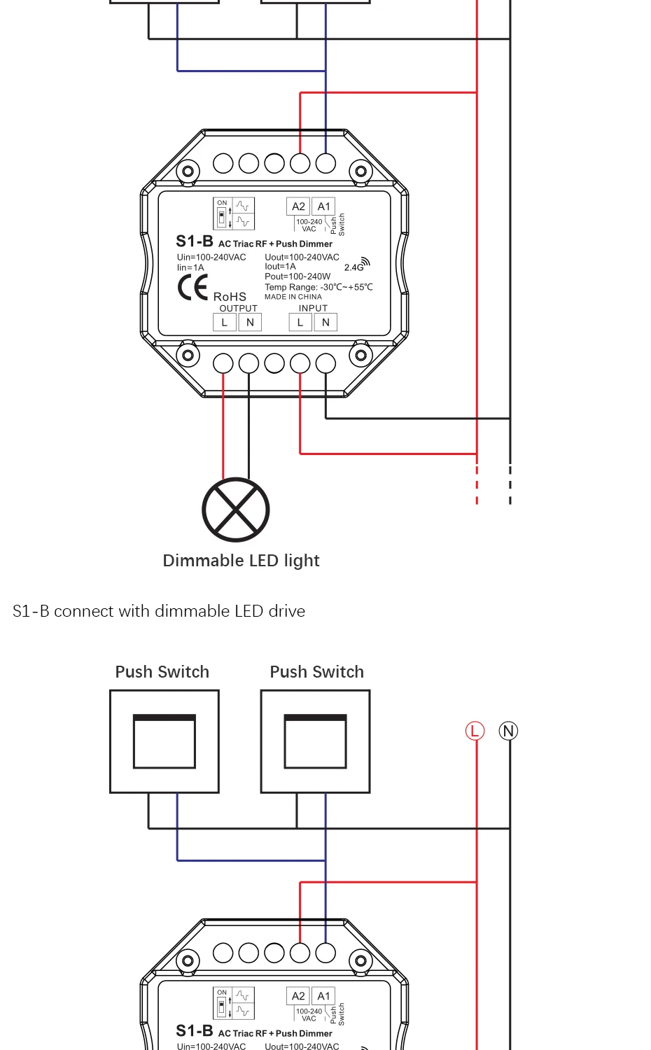 S1-B AC110v 220V 240V AC Triac RF Диммер выход 100-240VAC 1A 240W кнопочный диммер