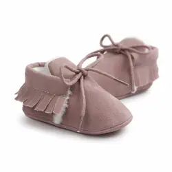 Модные зимние Утепленная одежда из искусственной замши одноцветное Мех животных для новорожденных Обувь для малышей Обувь Сапоги и