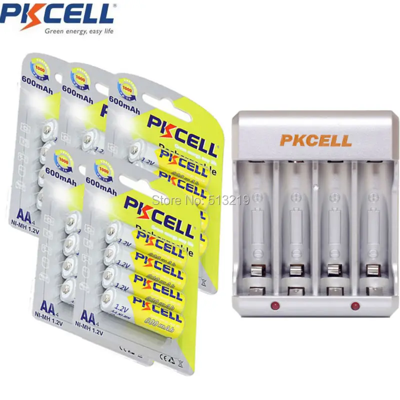

20Pcs/5Card 600mAh AA Rechargeable NIMH Battery and 4slot EU/US Plug Charger For 2or4pcs AA/AAA NIMH/NICD Rechargeable Batteria