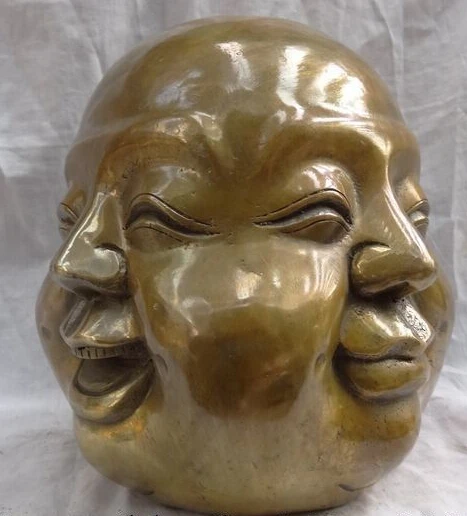 

zhaomeirui35++8"China Bronze Buddhist Anger Grief Joy Happy 4 Face Maitreya Buddha Head Statue