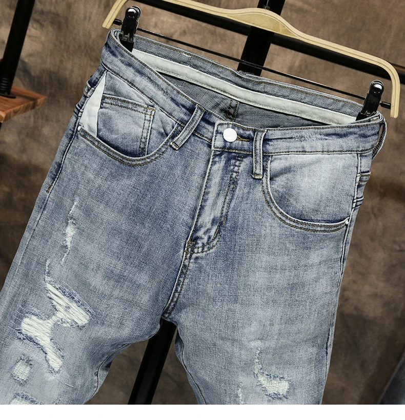 Ripped Jeans for Men Skinny Light Blue Gray Stretch Slim Leg Streetwear Distressed Moto Biker Jeans