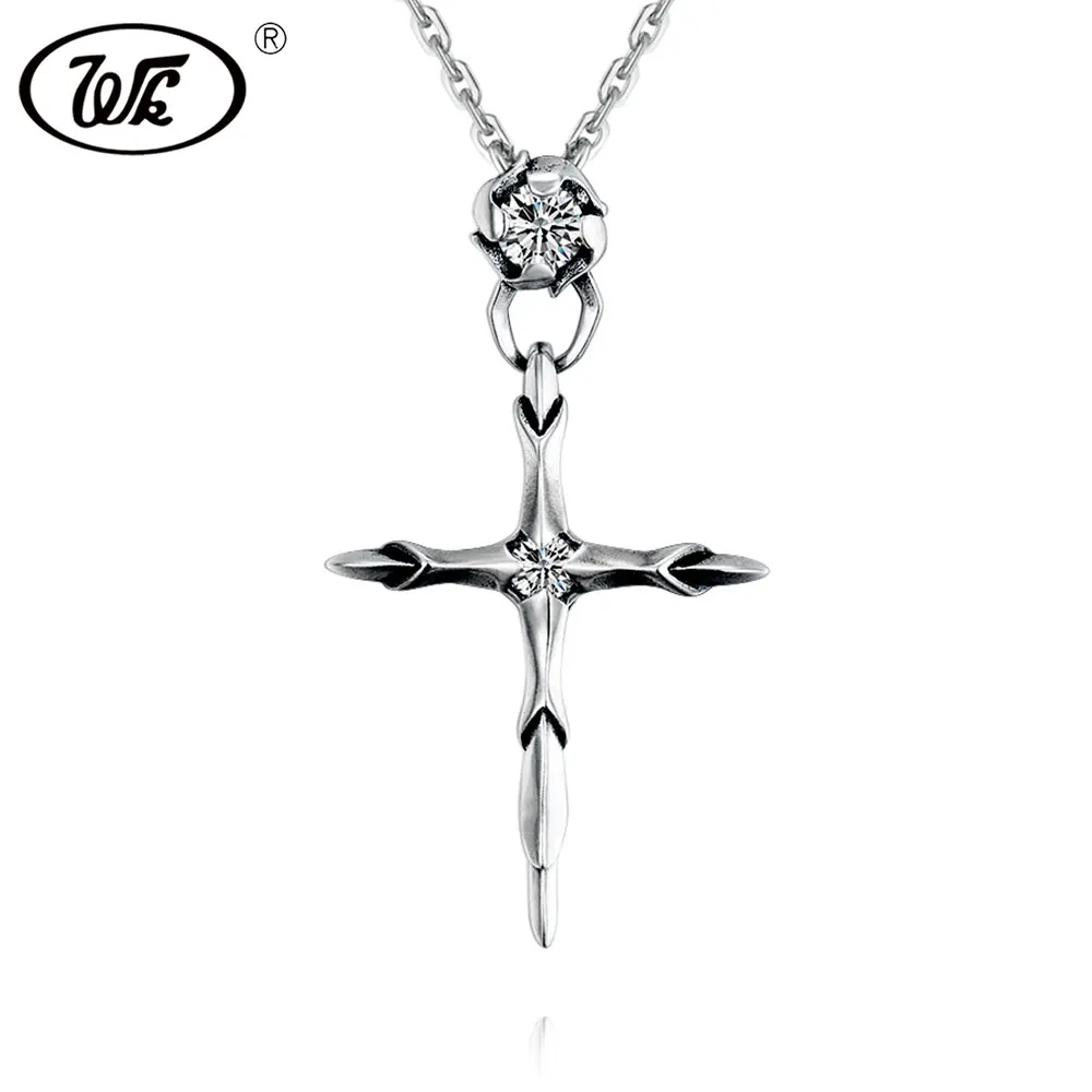 WK 925 Sterling Silver Thai Vintage Big Large Cross Pendant Necklace