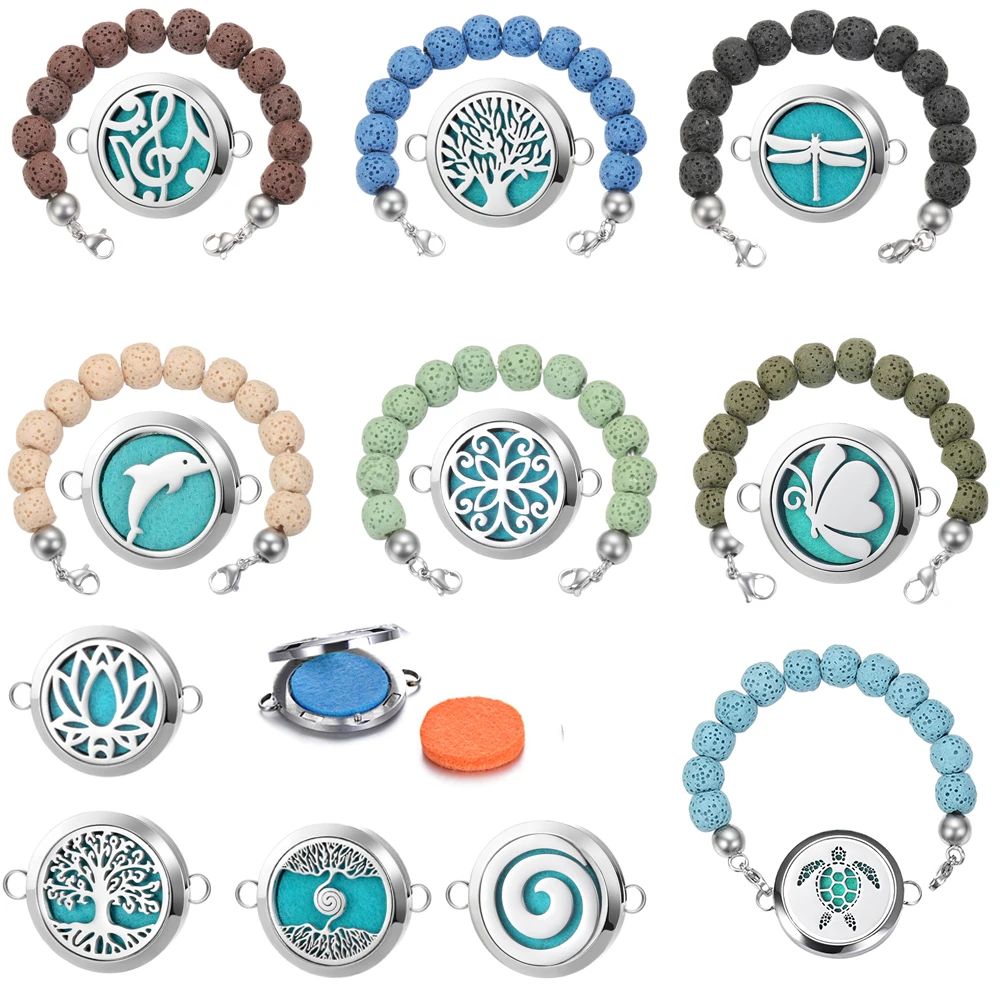 

2018 Fashion Lava Rock Stone Elastic Beaded Bracelet Aromatherapy Stainless Steel for Perfume Diffuser Locket Bangle Bracelet