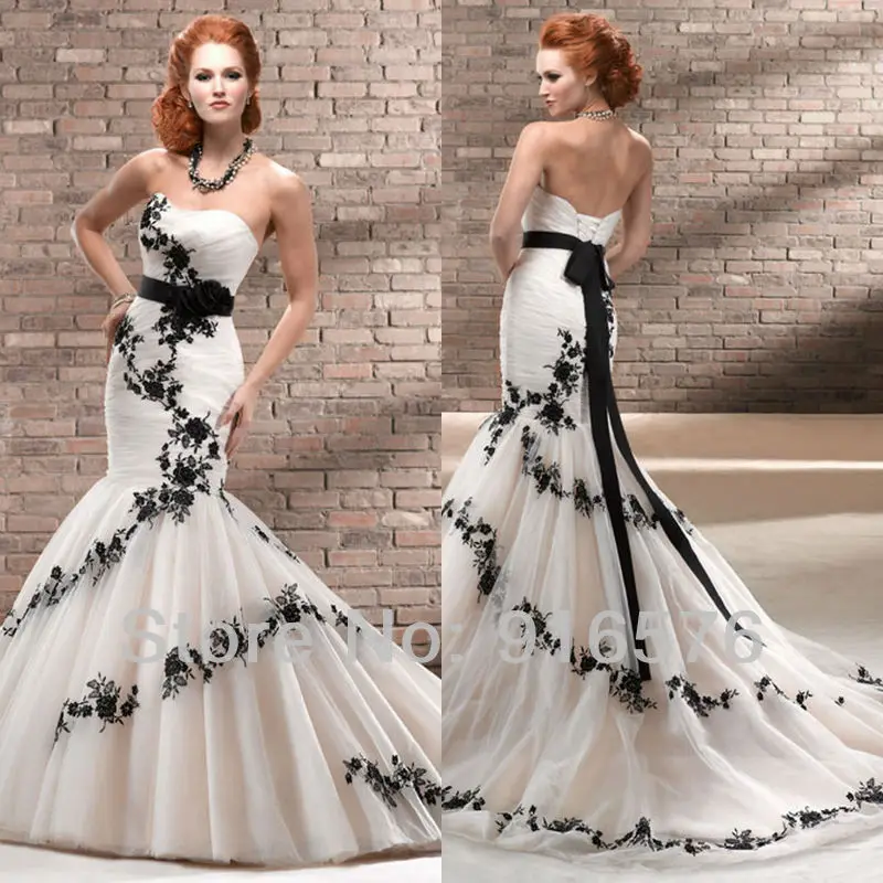 Enchanting Black And White Mermaid Wedding Dresses Sweetheart Low Back ...