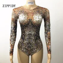 С принтом золотых кристаллов Боди Одежда для танцев Вечеринка представление эластичный костюм певица танцовщица одежда для сцены Стразы