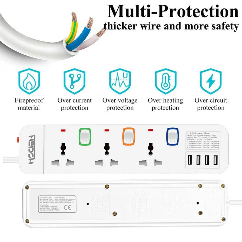 Дорожный удлинитель 3 индивидуально переключаемый с 4 портами usb 3.2A Защита от перенапряжения сетевой шнур 1,8 м 3250 Вт 13А штепсельная вилка европейского стандарта