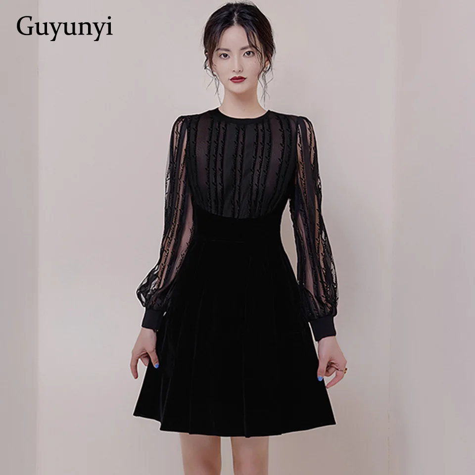 

Black Sexy Elegant Dress 2019 Autumn O-Neck Long Sleeve Mesh Flocking High Waist Velvet Temperament Party Dress Women