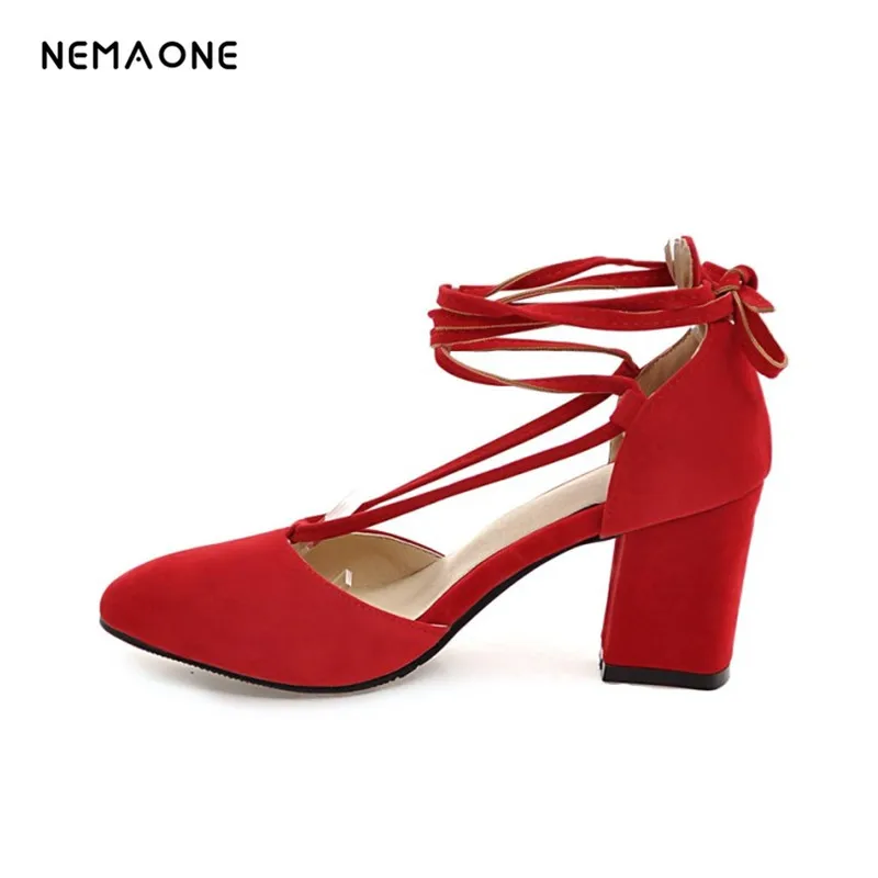 

NEMAONE 2017 sexy women shoes square toe women pumps high heels shoes woman lace up summer dress shoes large size 34-43