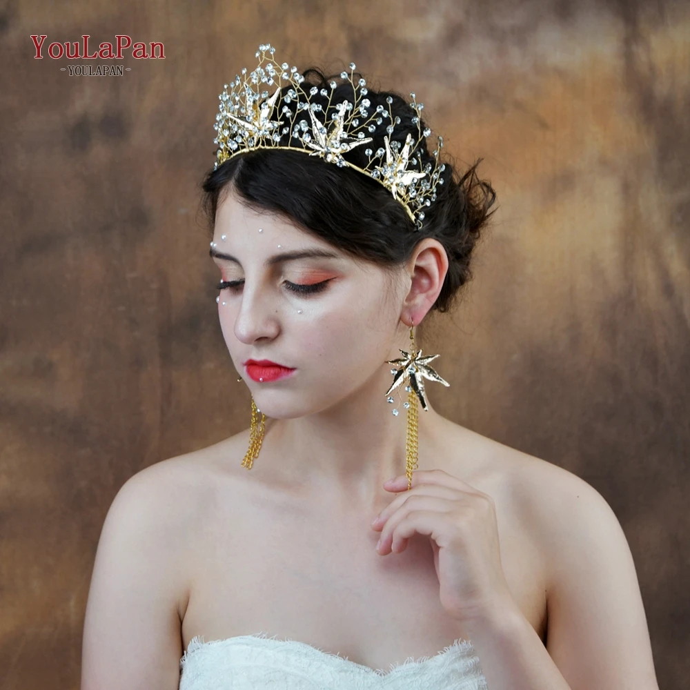 YouLaPan HP216 индивидуальный корона для невесты набор с тиарой сплав кленовый лист на свадебная диадема Винтаж невесты корона ювелирные изделия