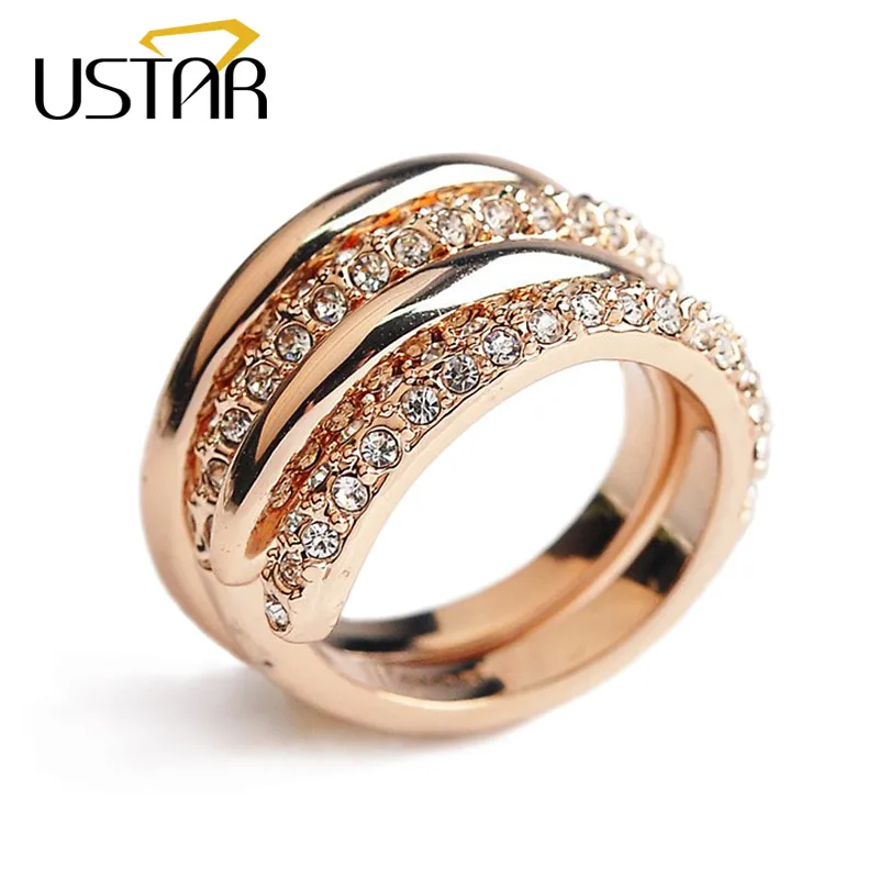 

USTAR 2 pcs/set Rings for women Rose gold color Crystals wedding rings female Anel many ways to bring bijoux top quality