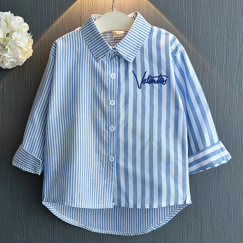 Рубашки для девочек Новая Осенняя детская одежда модная полосатая рубашка с вышивкой и длинными рукавами для девочек - Цвет: Синий