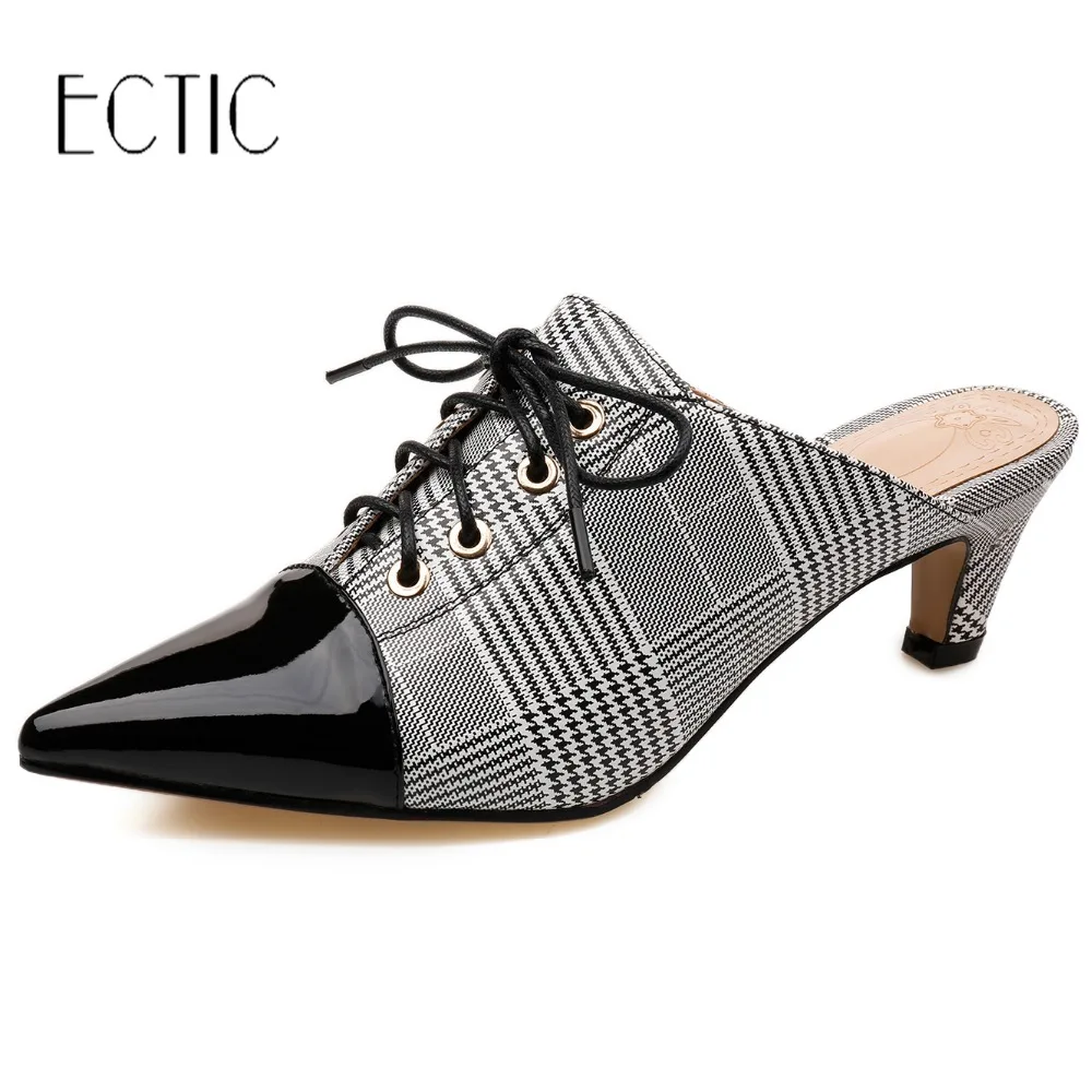 ECTIC Women Slippers Mules Shoes Genuine leather 2018 Summer Mid Heel Slip On Outside Casual 