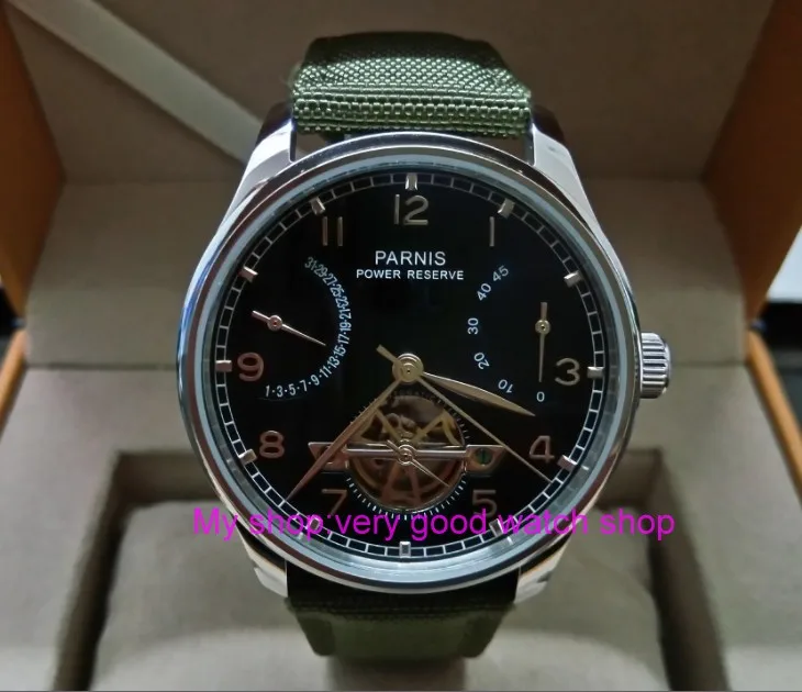 

43mm PARNIS black dial power reserve Automatic Self-Wind Mechanical movement men's watch green Nylon strap zdgd148A