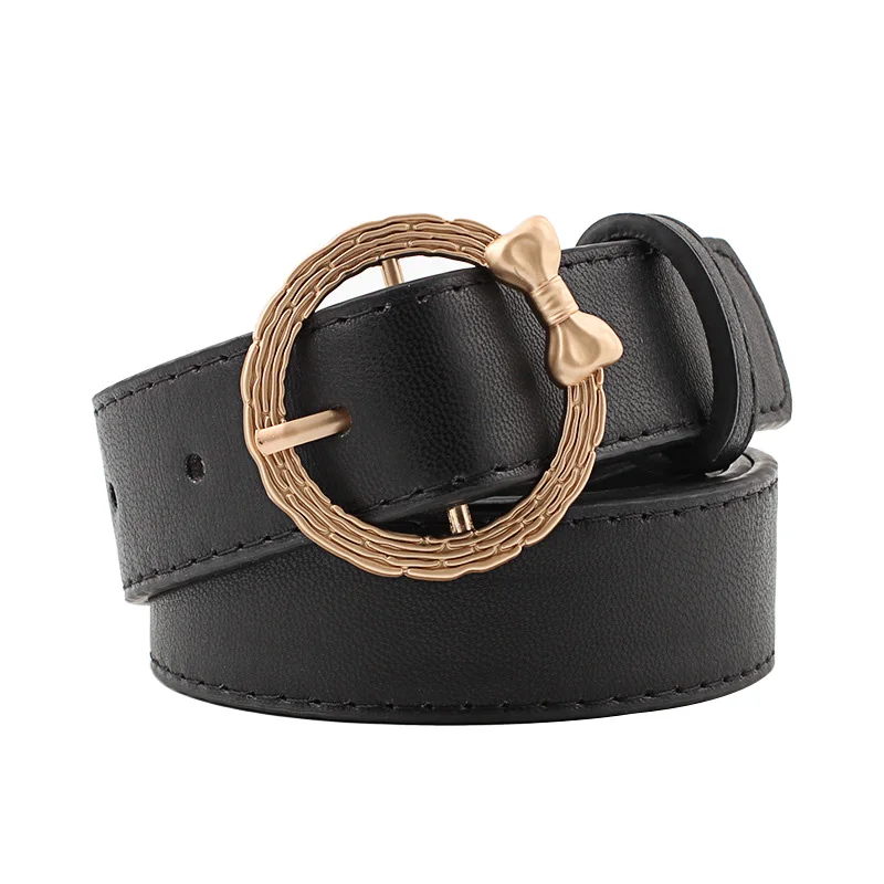 

Fashion Individuality Women belt Solid Color Imitation Leather Pin Buckle belt Bow round buckle decoration belt