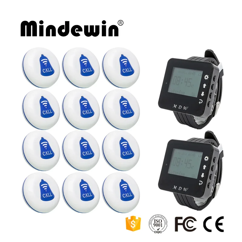 Mindewin Беспроводная система вызова для ресторана официанта пейджера 12 шт. настольные кнопки вызова M-K-1 и 2 шт. наручные часы пейджер M-W-1