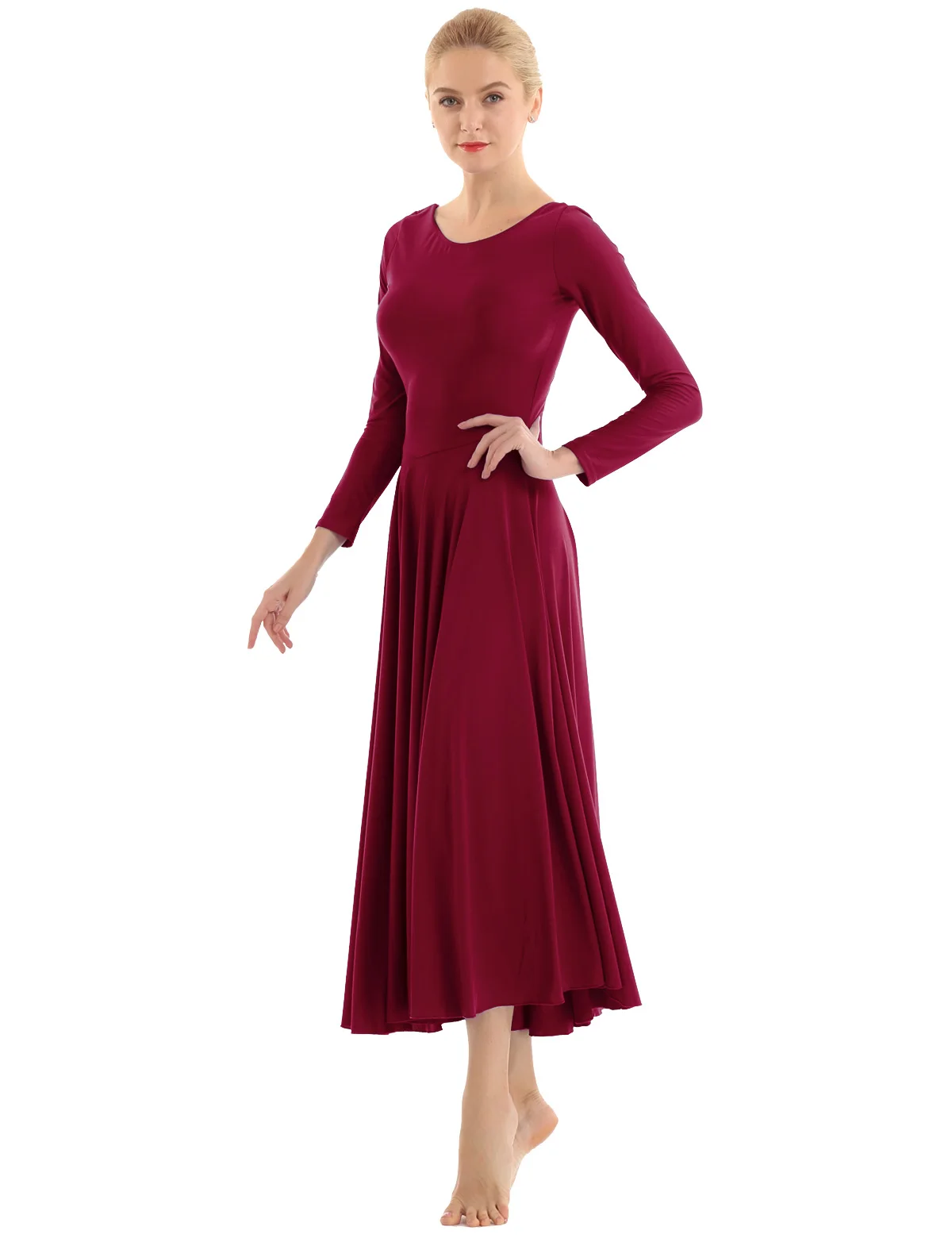 Женское балетное платье, Одежда для танцев, костюмы для лирических танцев, Vestidos, круглый вырез, длинный рукав, свободный крой, бальное платье для балерины - Цвет: Wine Red